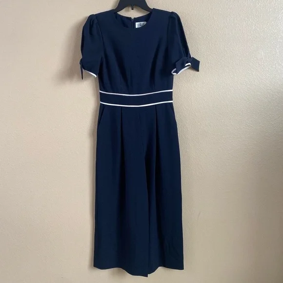 Eliza J Size 4 Navy Blue Contrast Trim Short Sleeve Bows Wide Crop Leg Jumpsuit